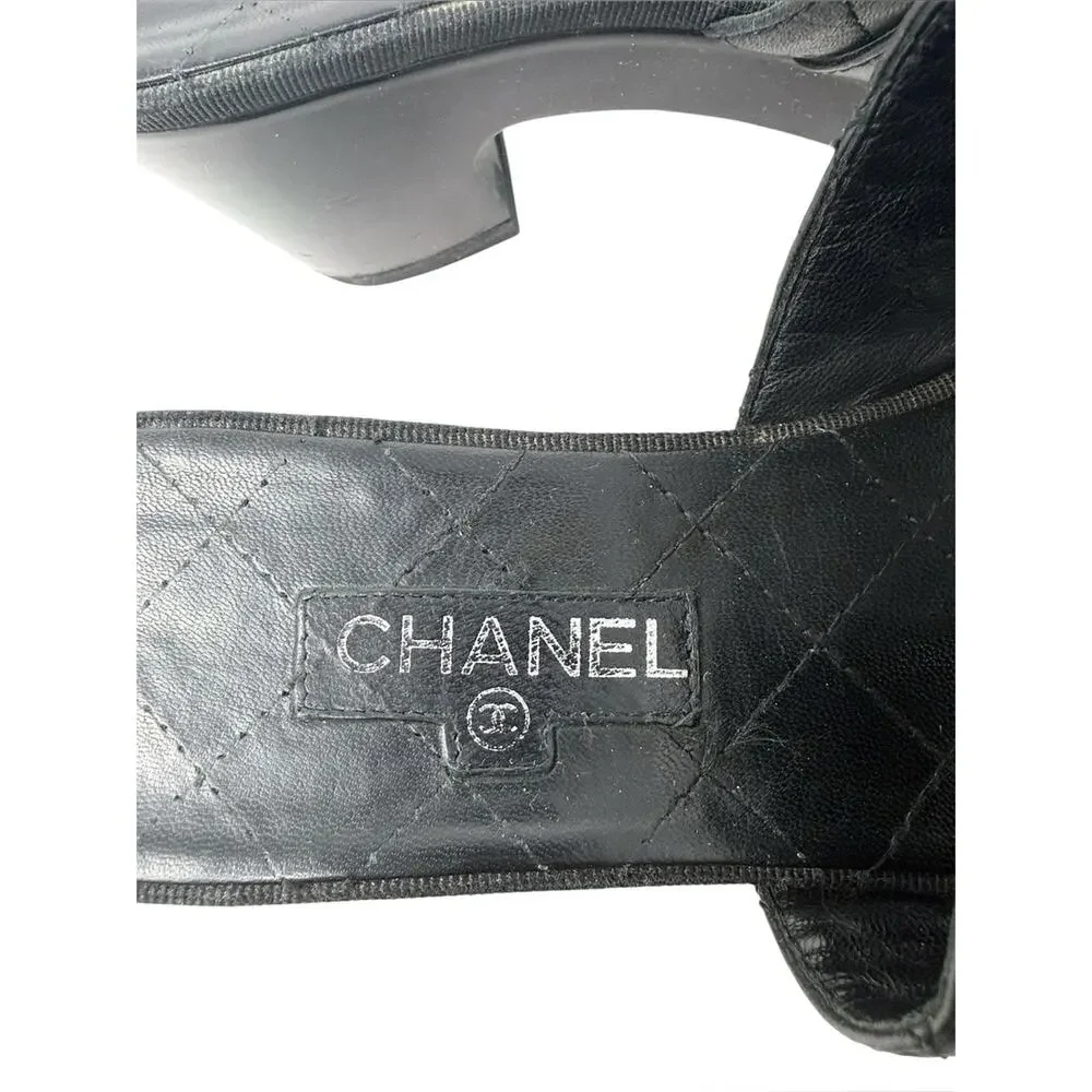 Chanel Black Quilted CC Slip On Turnlock Platform  Mules Slides Clogs Sandals 38